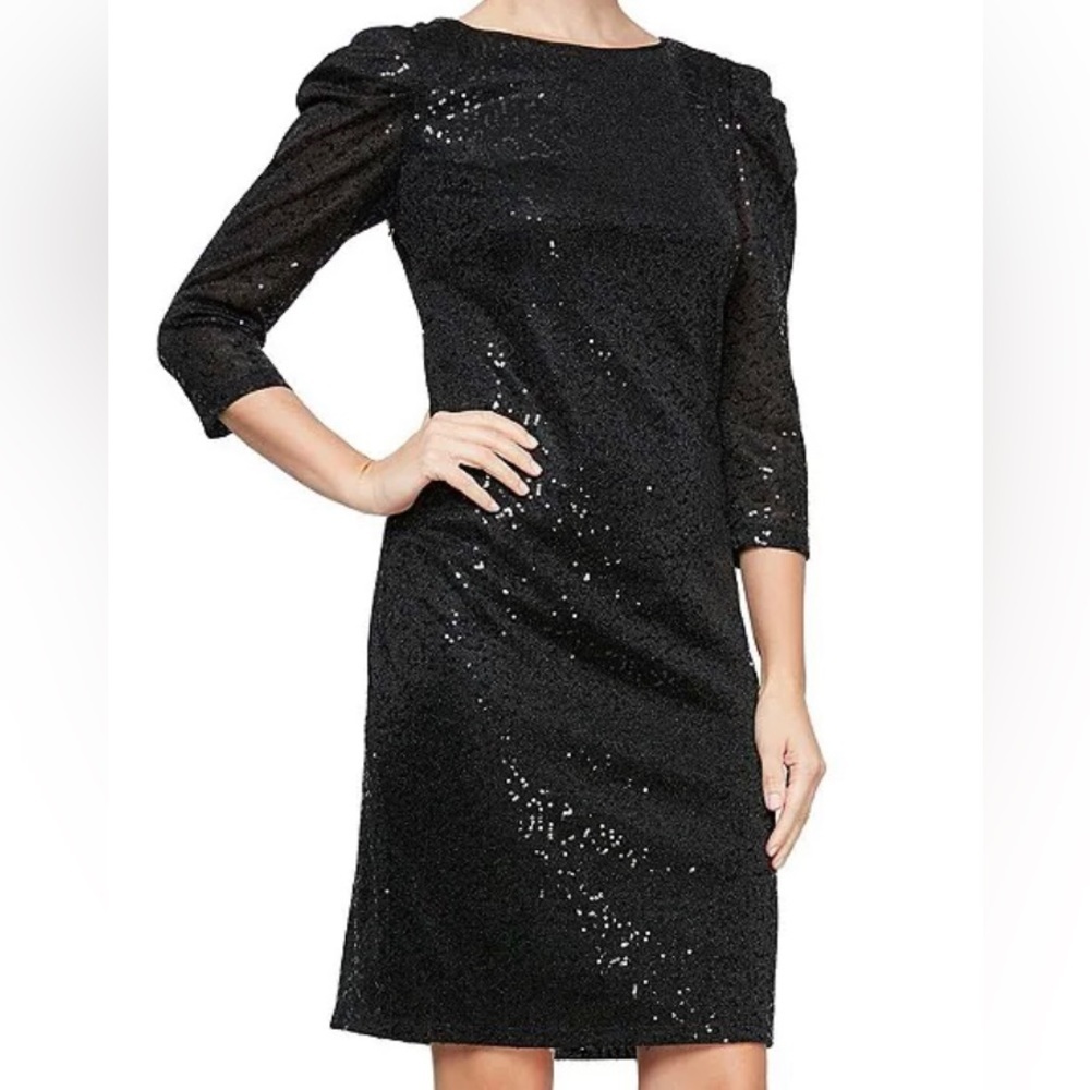 SLNY Black Formal Dress Sz 10, 12, 14W, 16,18 Black Shoulder Long Sleeves Sequin - Picture 6 of 7